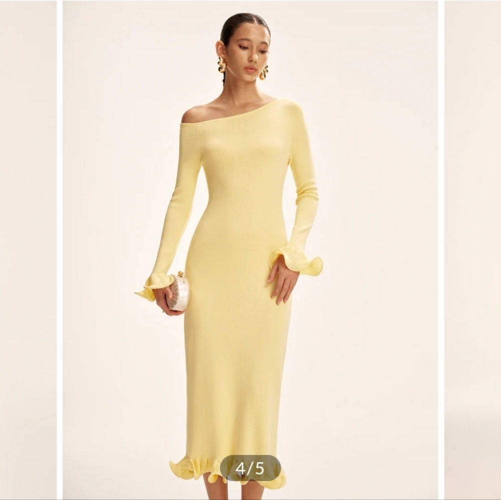 Commense Lemon Yellow One-Shoulder Long Sleeve Midi Dress